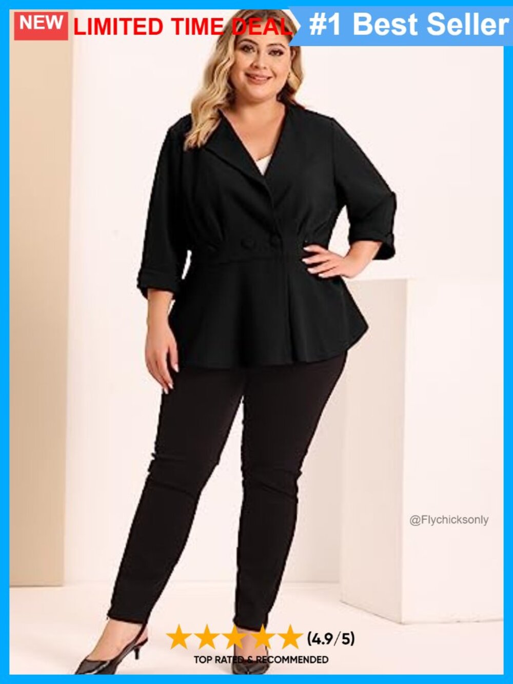 Notched Lapel Peplum Ruffle Hem Ruched Button Blazer - Picture 2 of 6